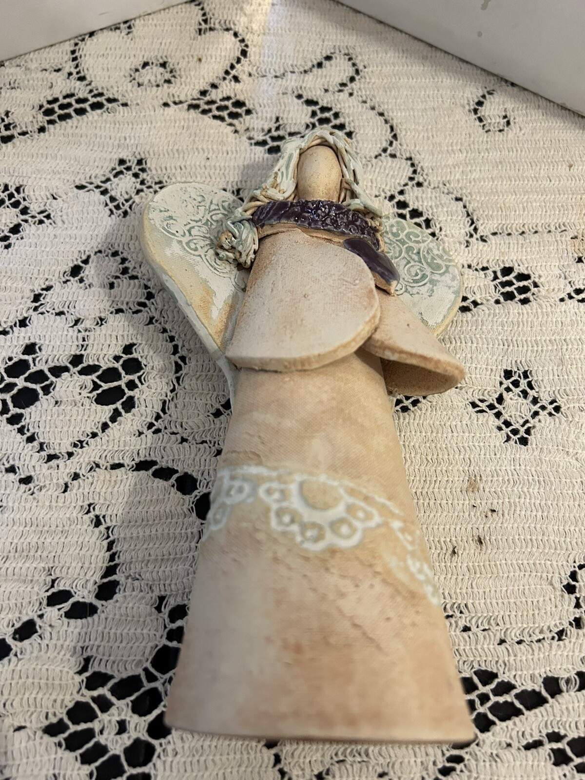 Pottery angel holding heart studio signed Olivia D Dowdy rustic North Carolina