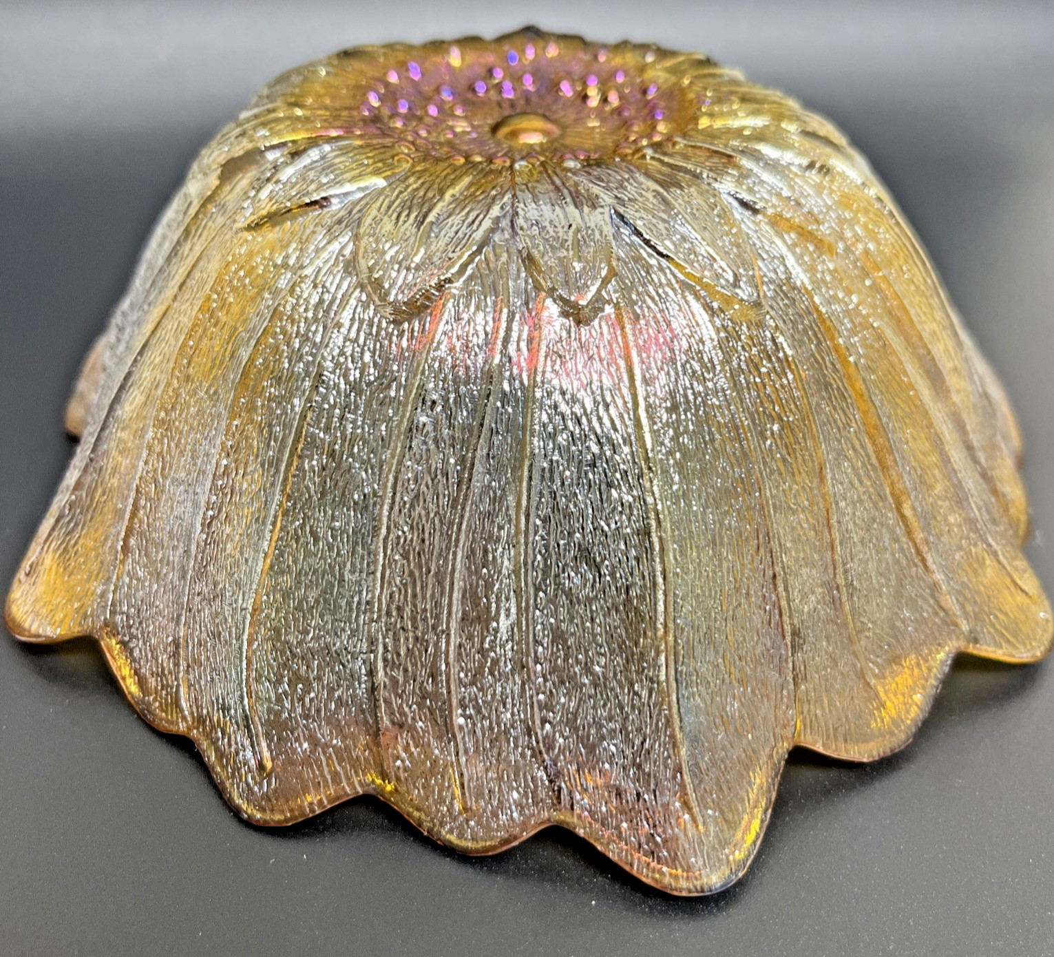 Indiana Iridescent Carnival Glass Bowl set of 2 VTG Sunflower Marigold Amber 7″