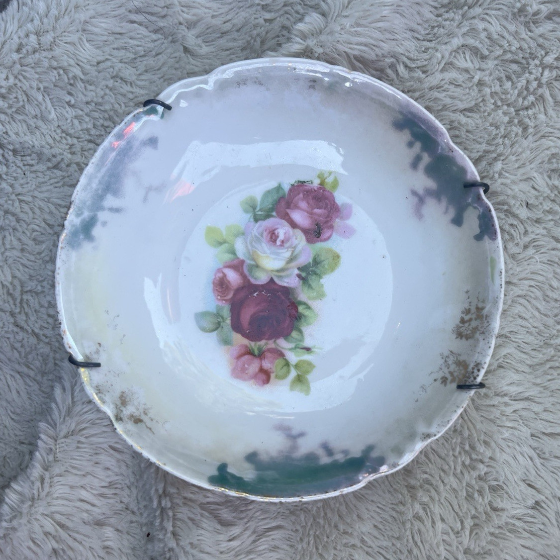 White Pink Green Floral Ceramic Bowl Round Glossy Printed Backstamp w/ Stand
