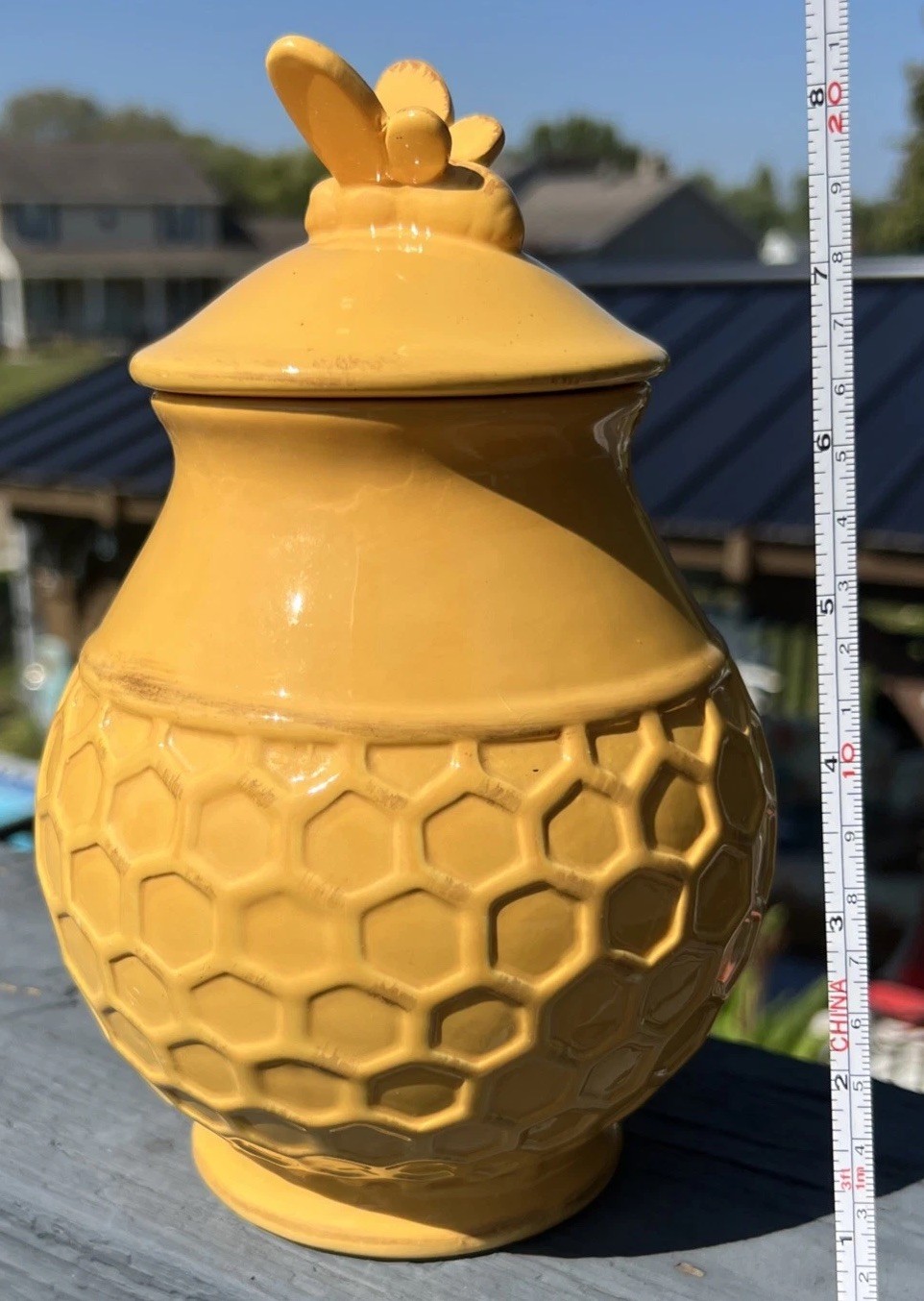 8.5” Home Essential Stoneware Honey Bee Beehive Cookie Jar Canister See Picture