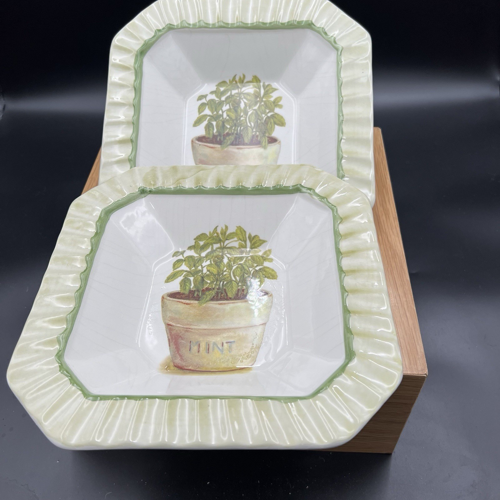 Vintage Ceramica Due Torri Mint Herb Bowl Square 9” Italy Set of 2