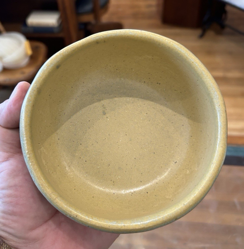 Vintage Tan Gray Blue Zanesville Homespun Stoneware Pottery Ribbed Bowl Pot 8005