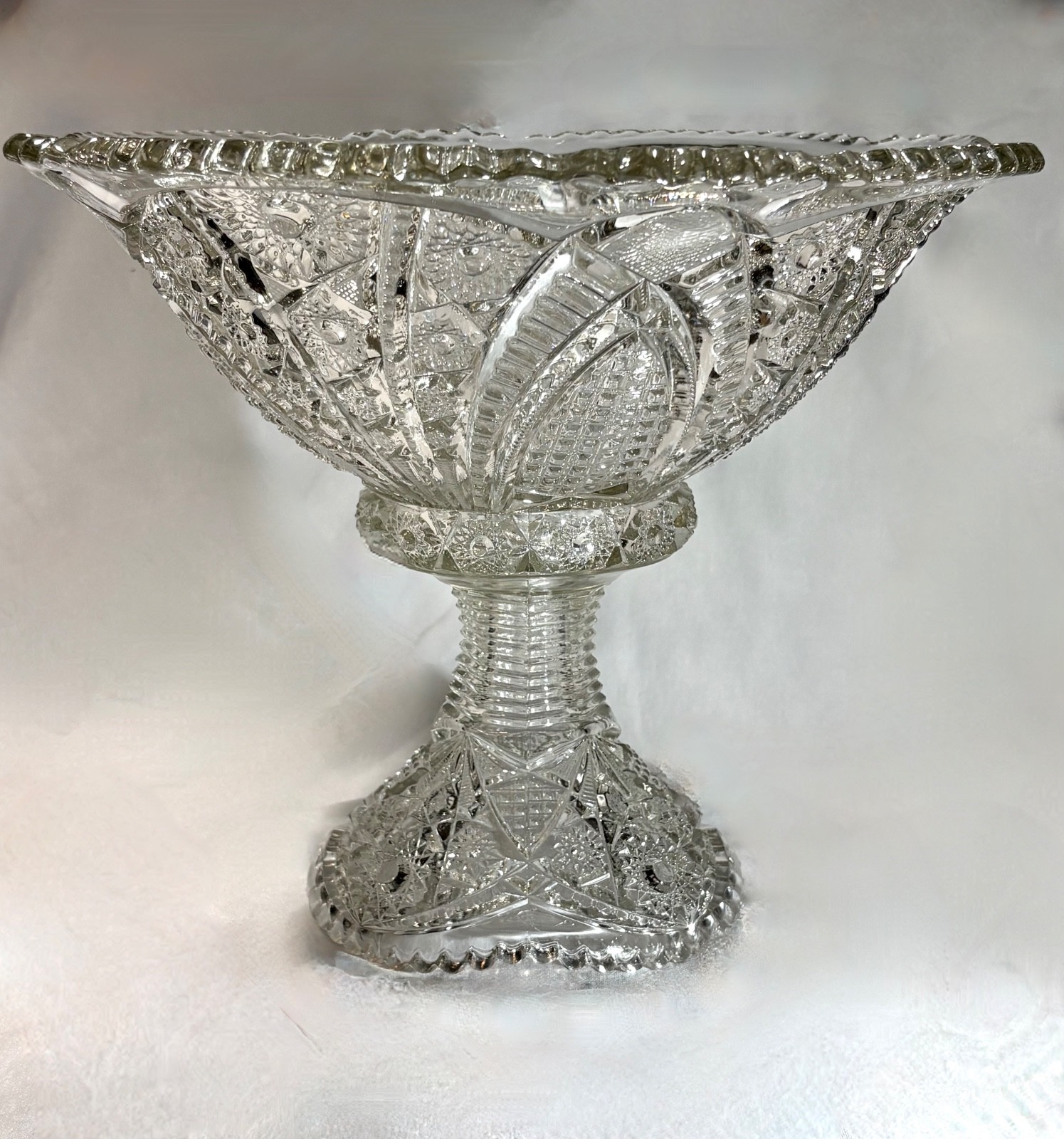 Antique Indiana Glass Paneled Daisy and Fine cut Clear Punch Bowl Base & 6 Cups