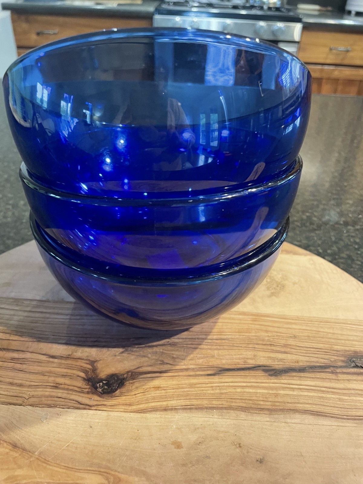 Beautiful Cobalt Blue Glass Cereal Salad Bowls, Thick, Mexico, set of 3, EUC