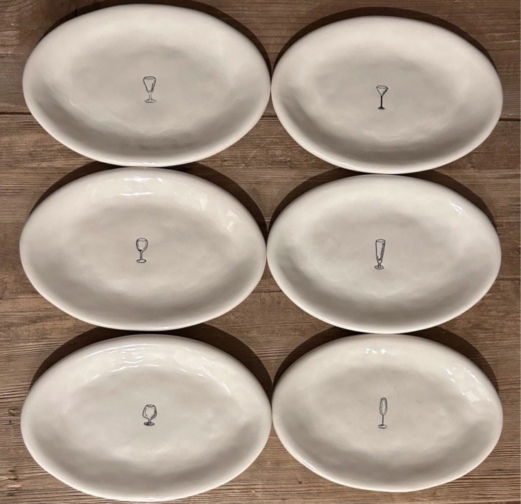 Vintage Rae Dunn Set of 6 Oval 7-3/4”Appetizer Plates w/ Cocktail Glasses RARE