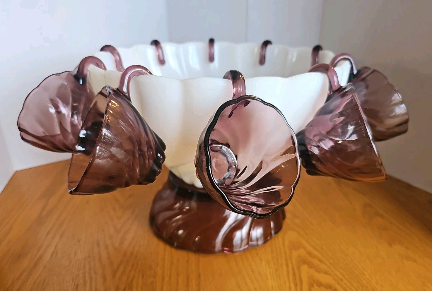 Amethyst & White Milk Glass Swirl Punch Bowl & Stand 10 Amethyst Cups
