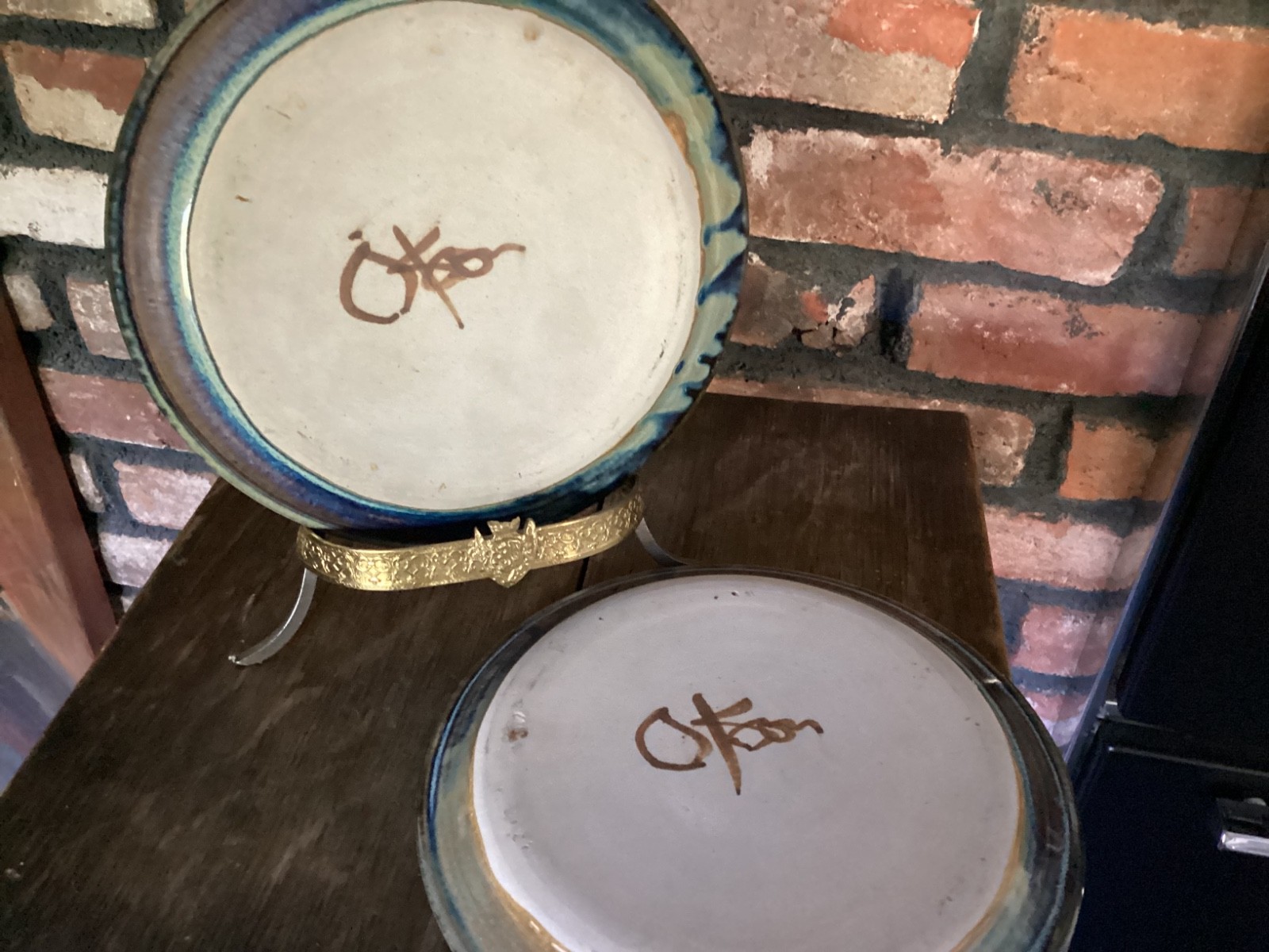 Greg Olson Pottery Stoneware Handmade TWO Plates Blue Swirl 7 and 1/2 inches
