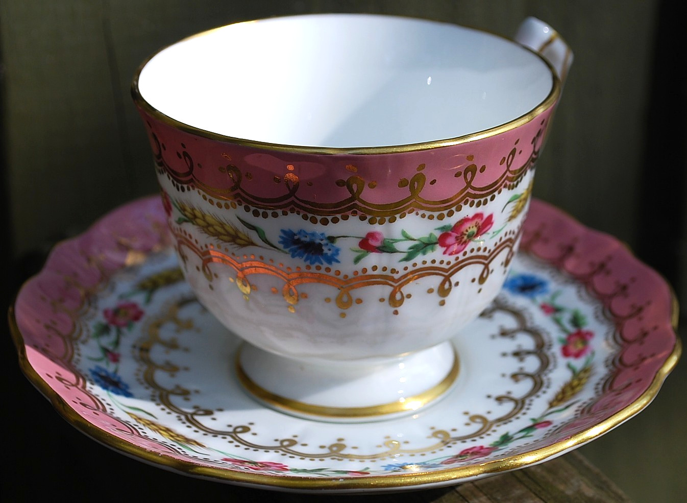 Vtg AYNSLEY ENGLAND Footed Teacup & Saucer HARVEST WHEAT/PINK FLORAL Bone China