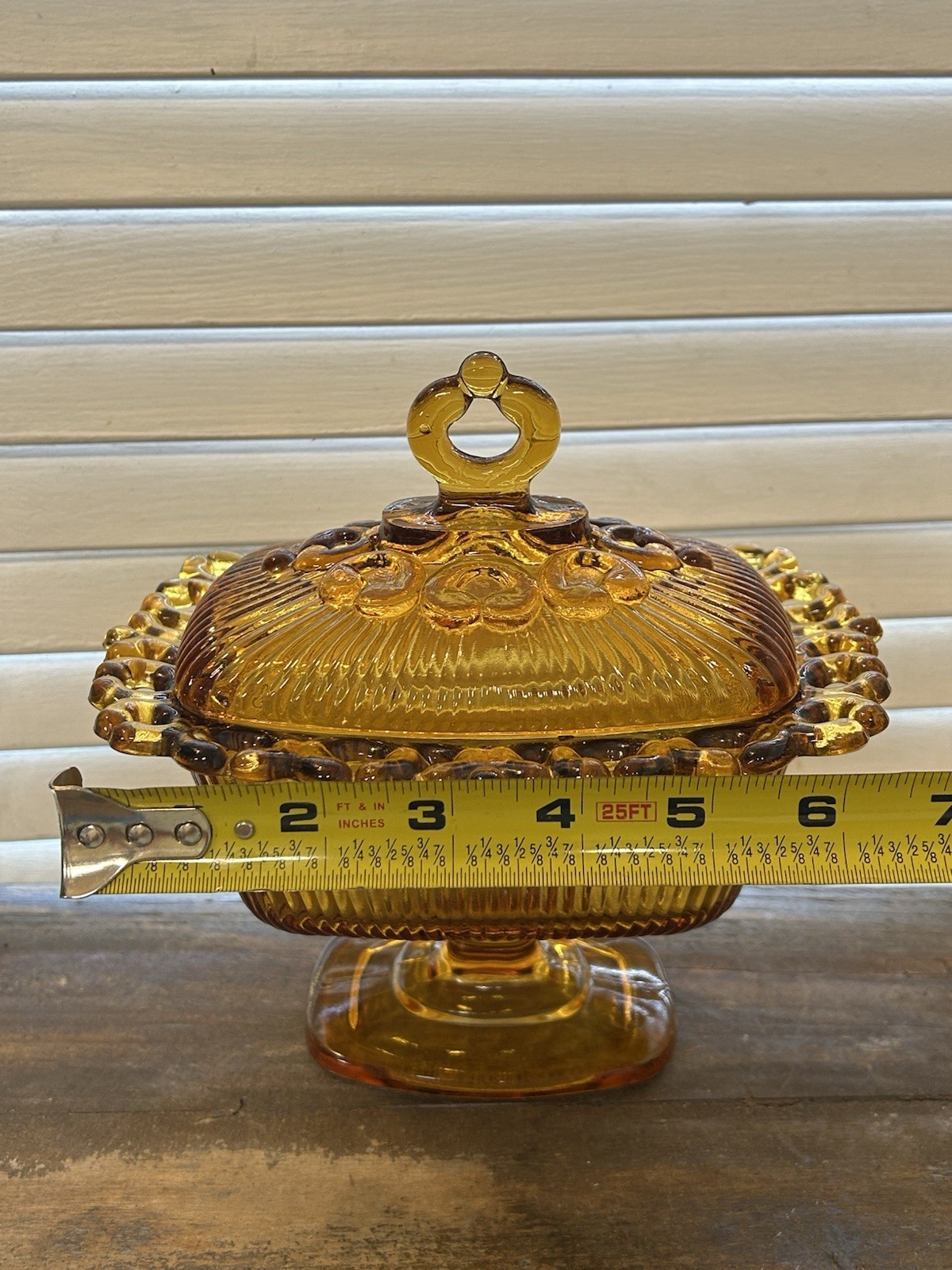 Indiana Glass Company “Lace Edge” Amber candy dish
