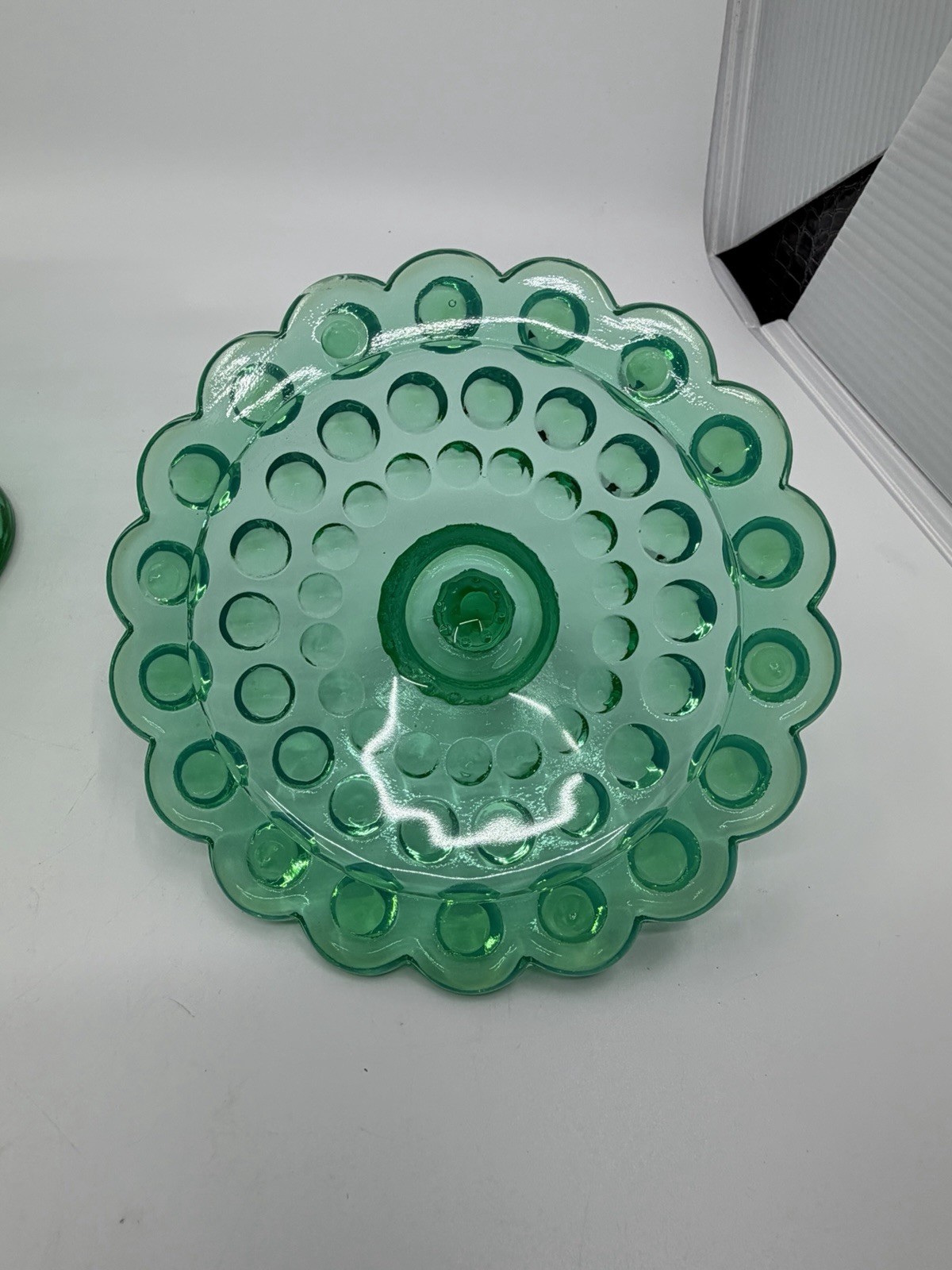 Vtg Fenton 1959 Emerald Green Opalescent Hobnail Lidded Candy Bowl Crack Glows