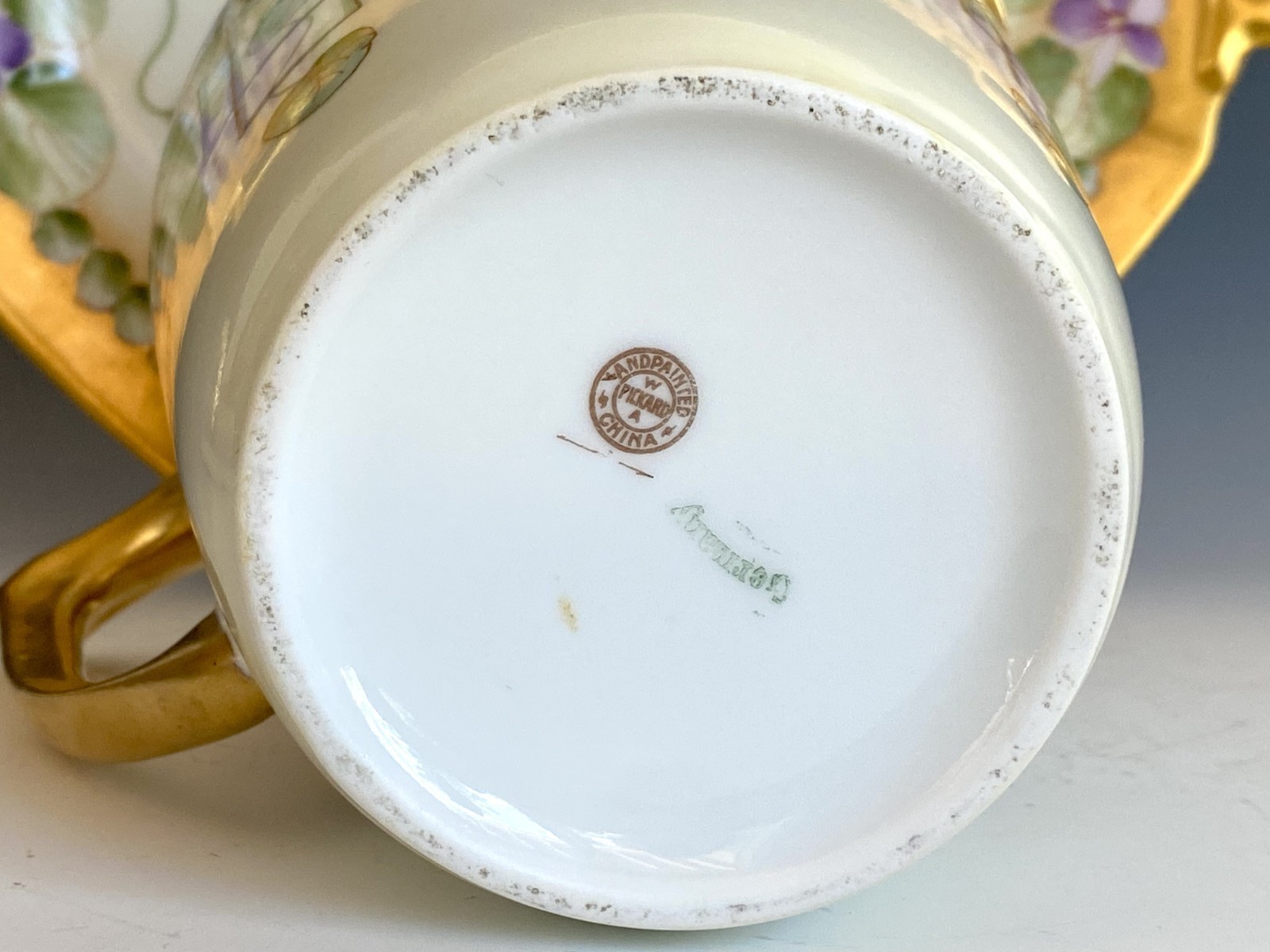PICKARD ANTIQUES HAND PAINTED “VIOLETS IN PANEL” PITCHER ARTIST SIGNED