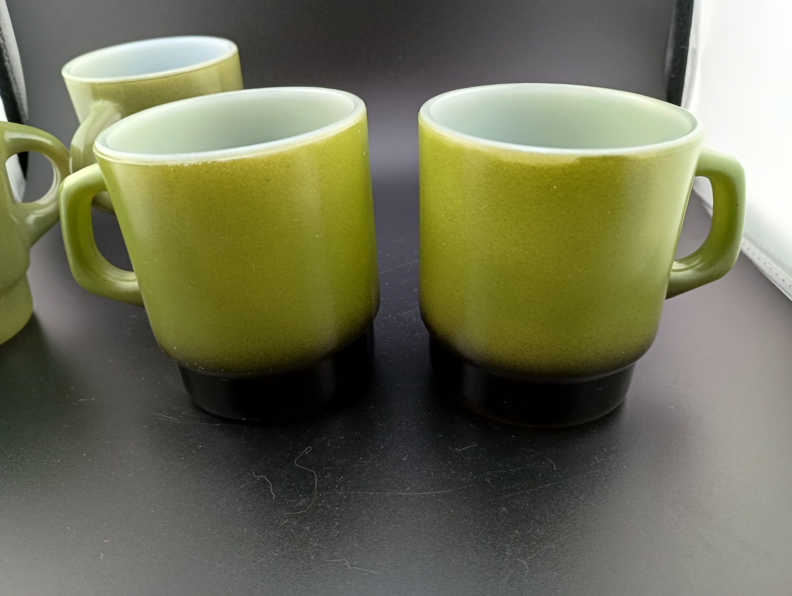4 Olive Green Fire King Glass Coffee Tea Mugs Stackable 2 w Black 1970s Style
