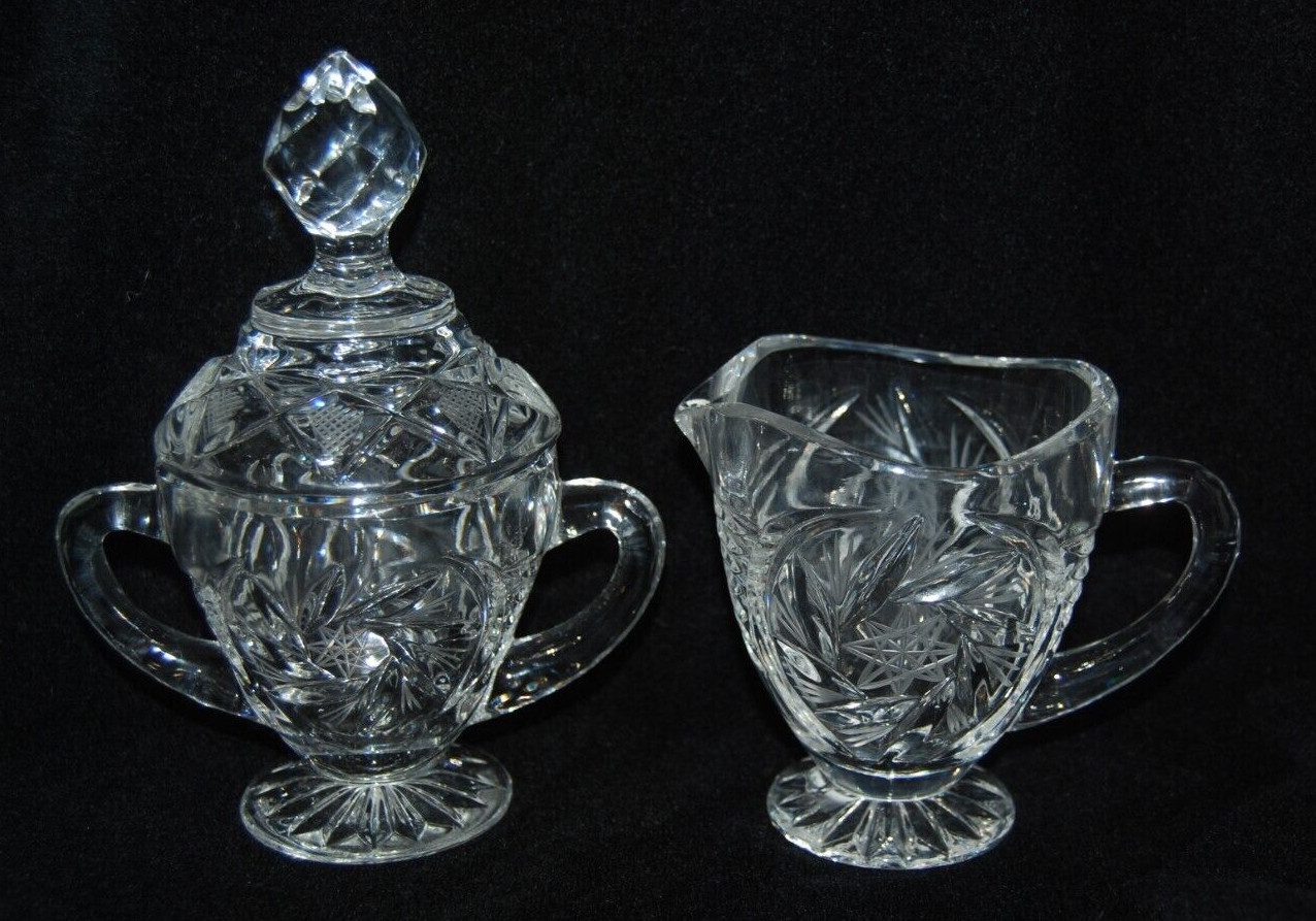 Vintage Crystal Hand Cut Glass Lidded Sugar Bowl and Creamer Set Elegant Dining