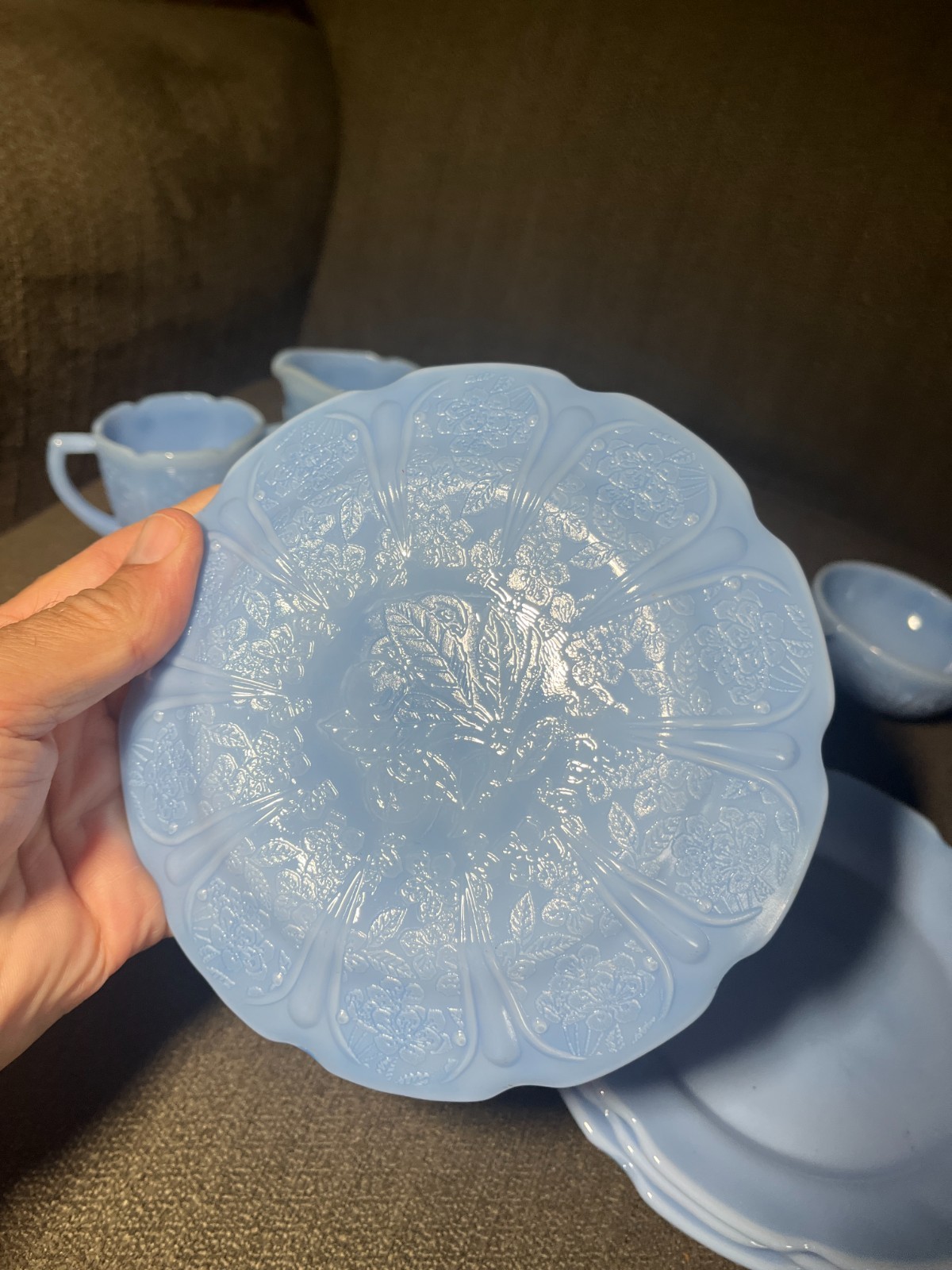 Jeannette CHERRY BLOSSOM DELPHITE BLUE 14 PC CHILD’S DINNER SET ORIGINAL BOX