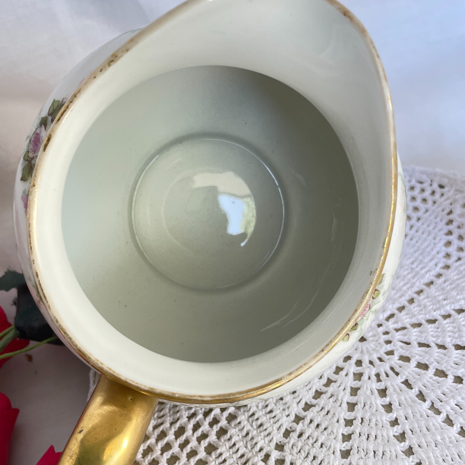 Antique D & C France White Porcelain Rose Garland Gold Handle Creamer