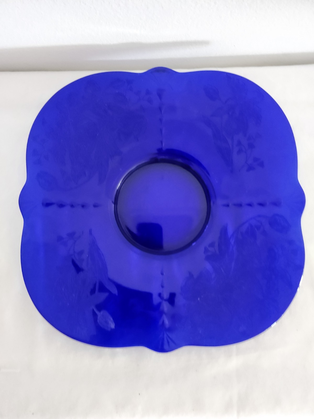 Paden City 10″ Cobalt Blue Glass Square Console Tray plate Orchids Crows feet