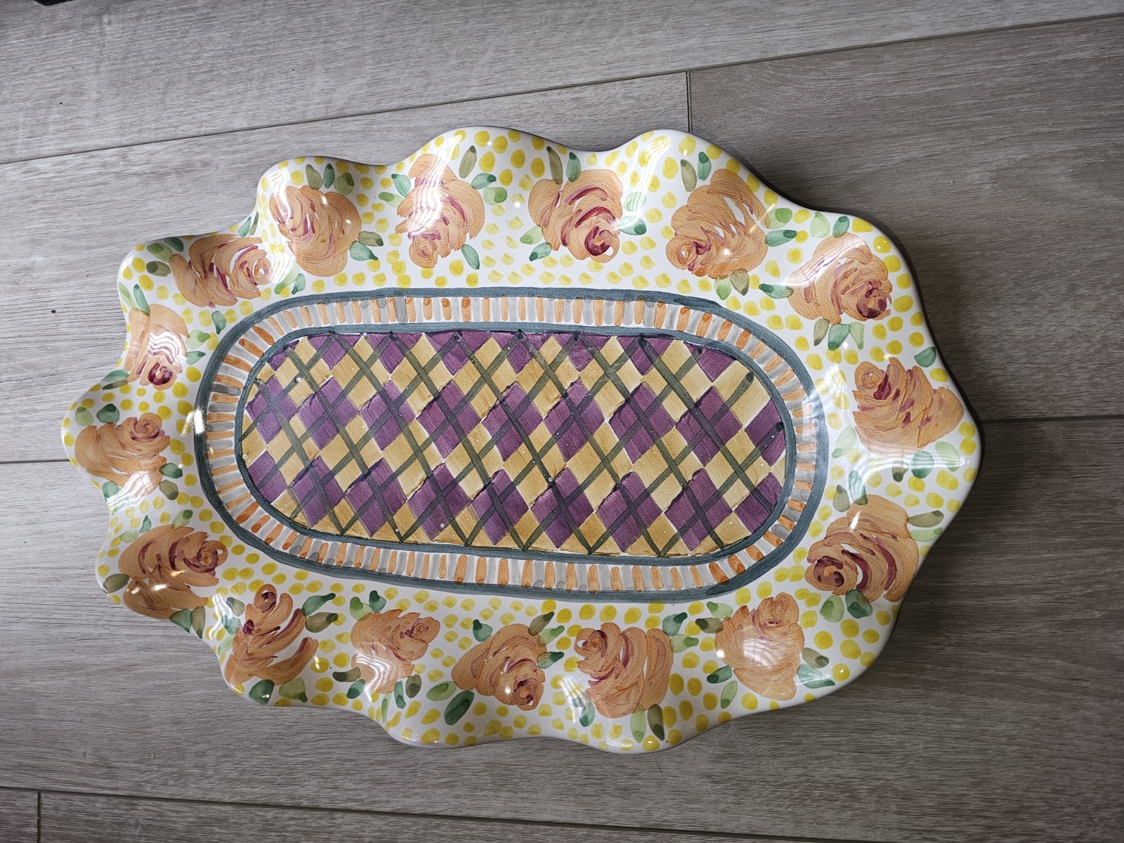 Hand Painted Large MacKenzie Childs Serving Platter Fluted Odd Fellows Retired