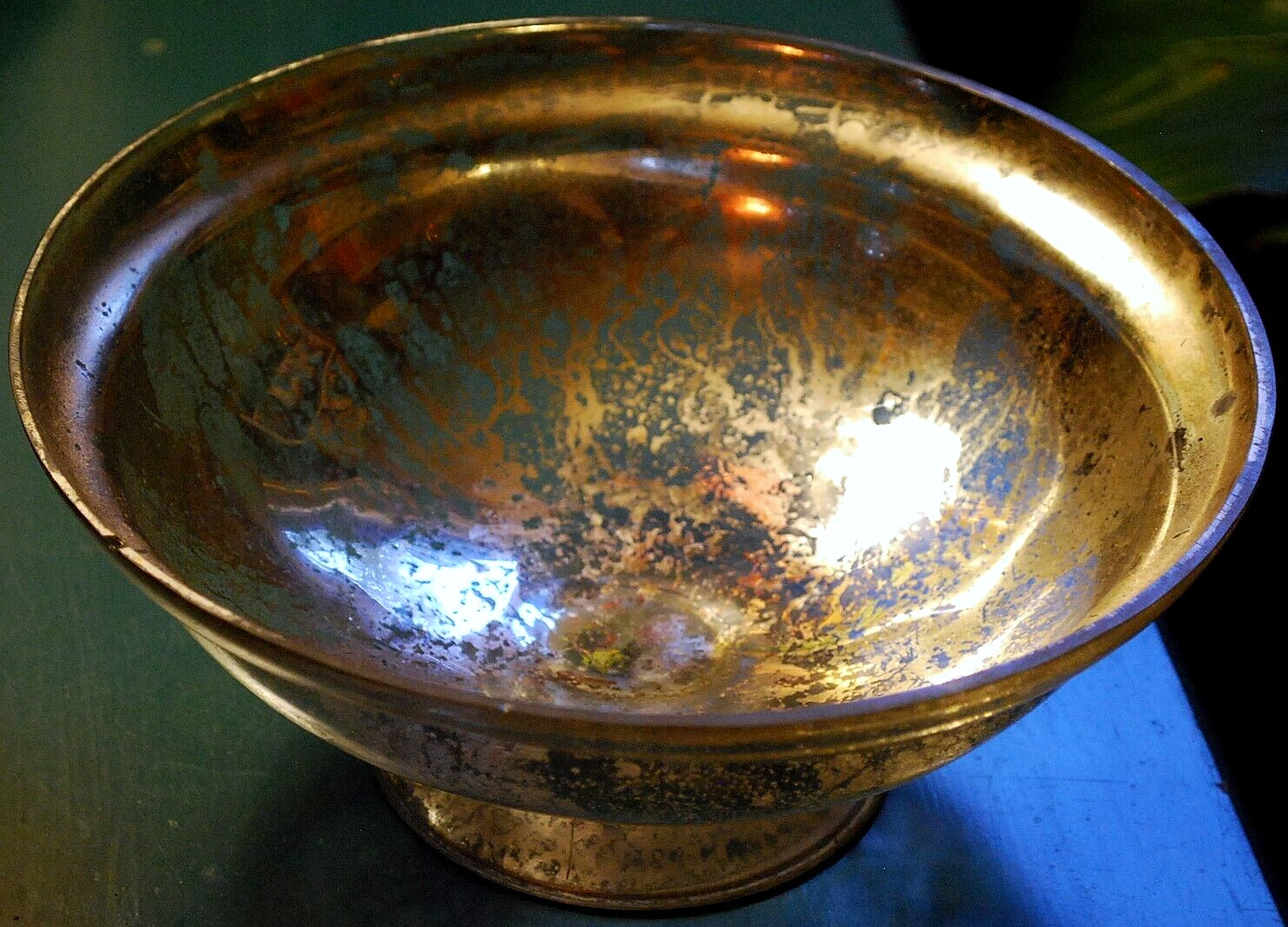 Antique Victorian SILVERED MERCURY GLASS BOWL Pedestal Base HAND BLOWN 9.25″