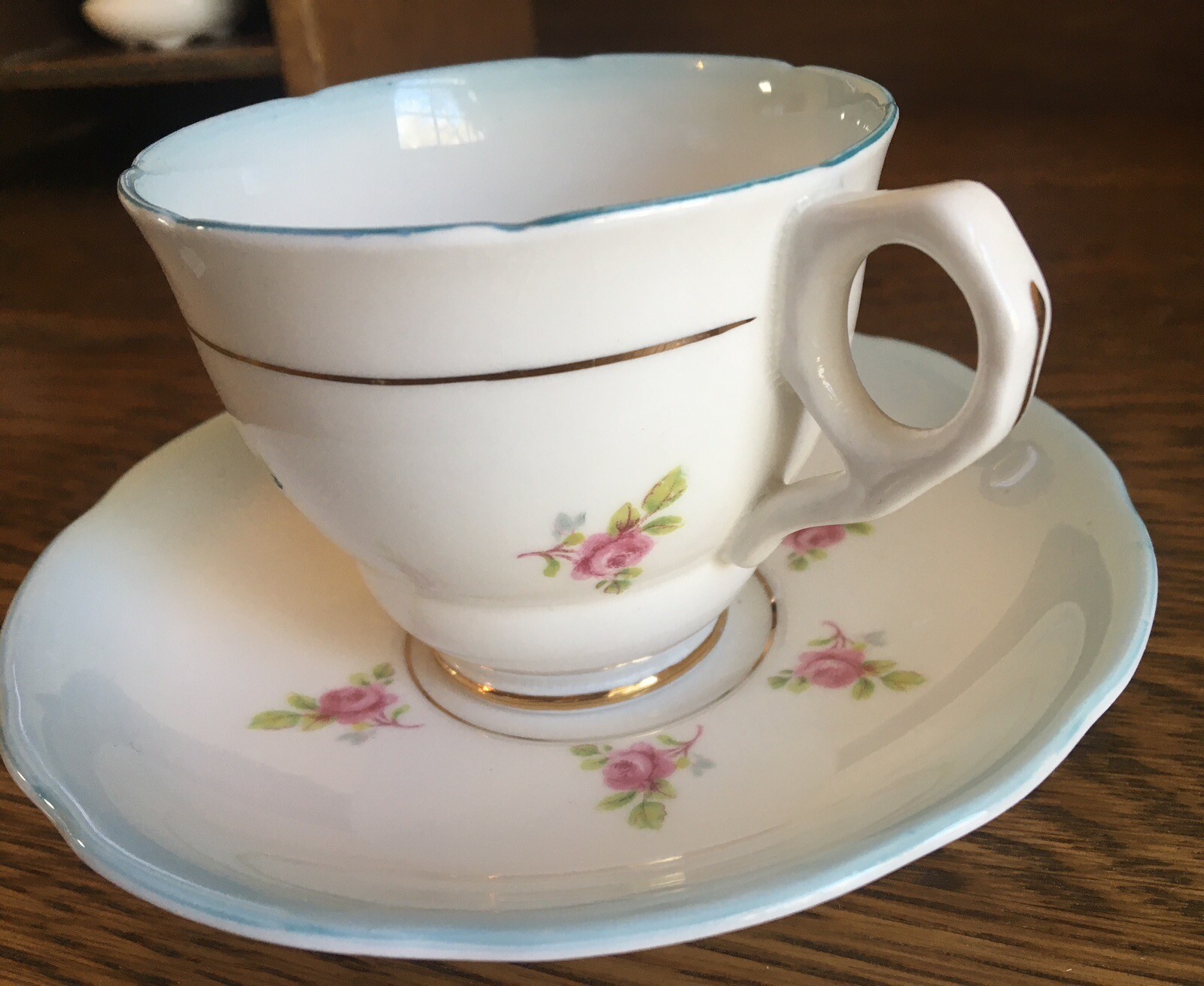 Royal Stafford Roses Pale Blue Teacup Saucer Bone China Gold Trim England 1940s