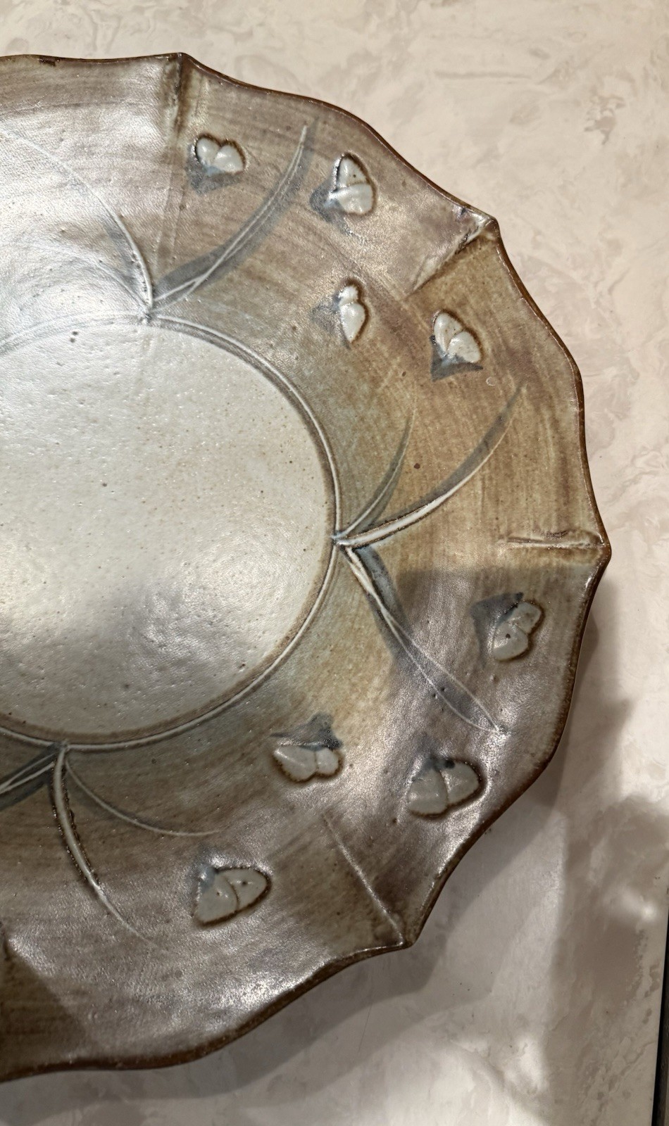 RARE 17″ Vtg NICOL Signed green, white Stoneware STUDIO ART Pottery Bowl Platter