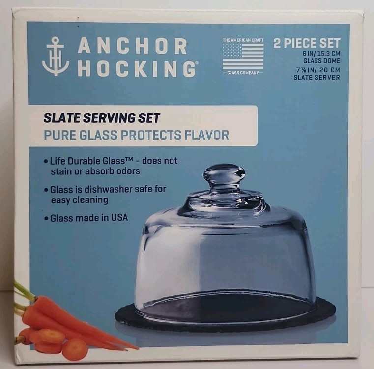 Anchor Hocking Slate Serving Set 2 Piece 6” Glass Dome &7 7/8 Slate Server NIB