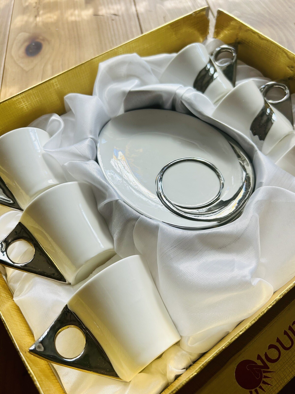 Nour White & Silver Porcelain Demitasse Cups And Saucers Twelve Piece Set