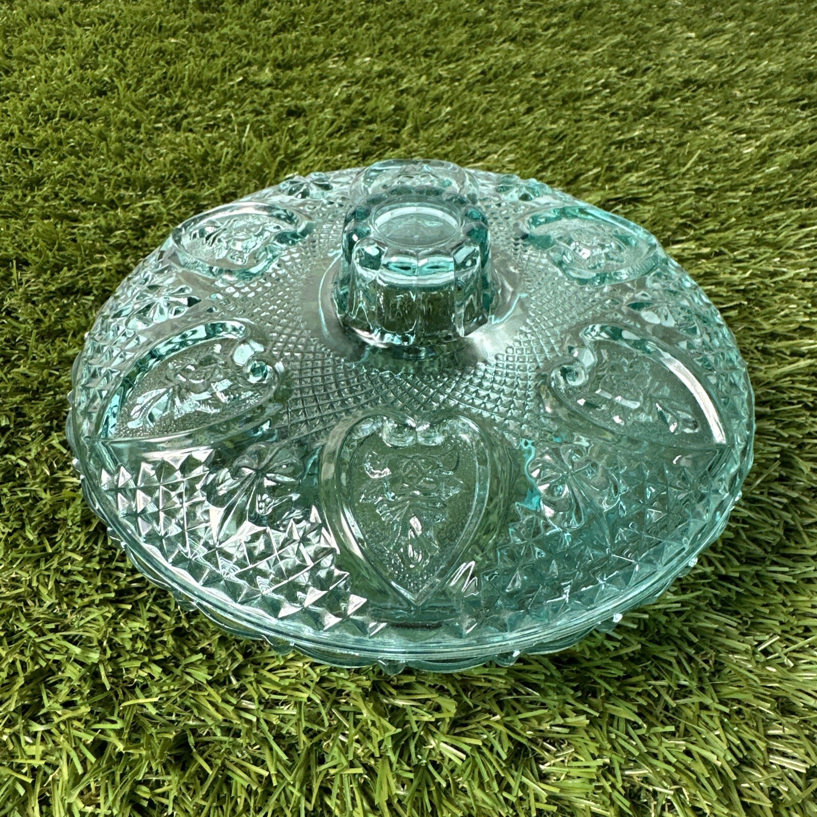 KIG Indonesia Turquoise Blue Candy Dish Pressed Beaded Glass Vintage MCM Roses