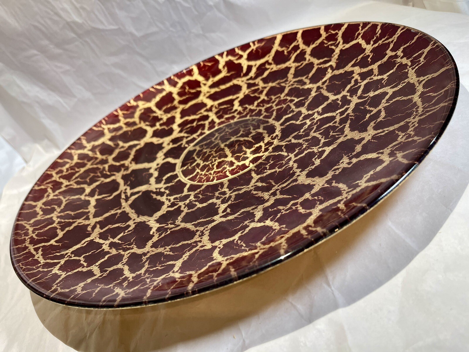 15″ Red Glass Serving Plate Red with Gold Foil Round Fantasia Collection ITALY