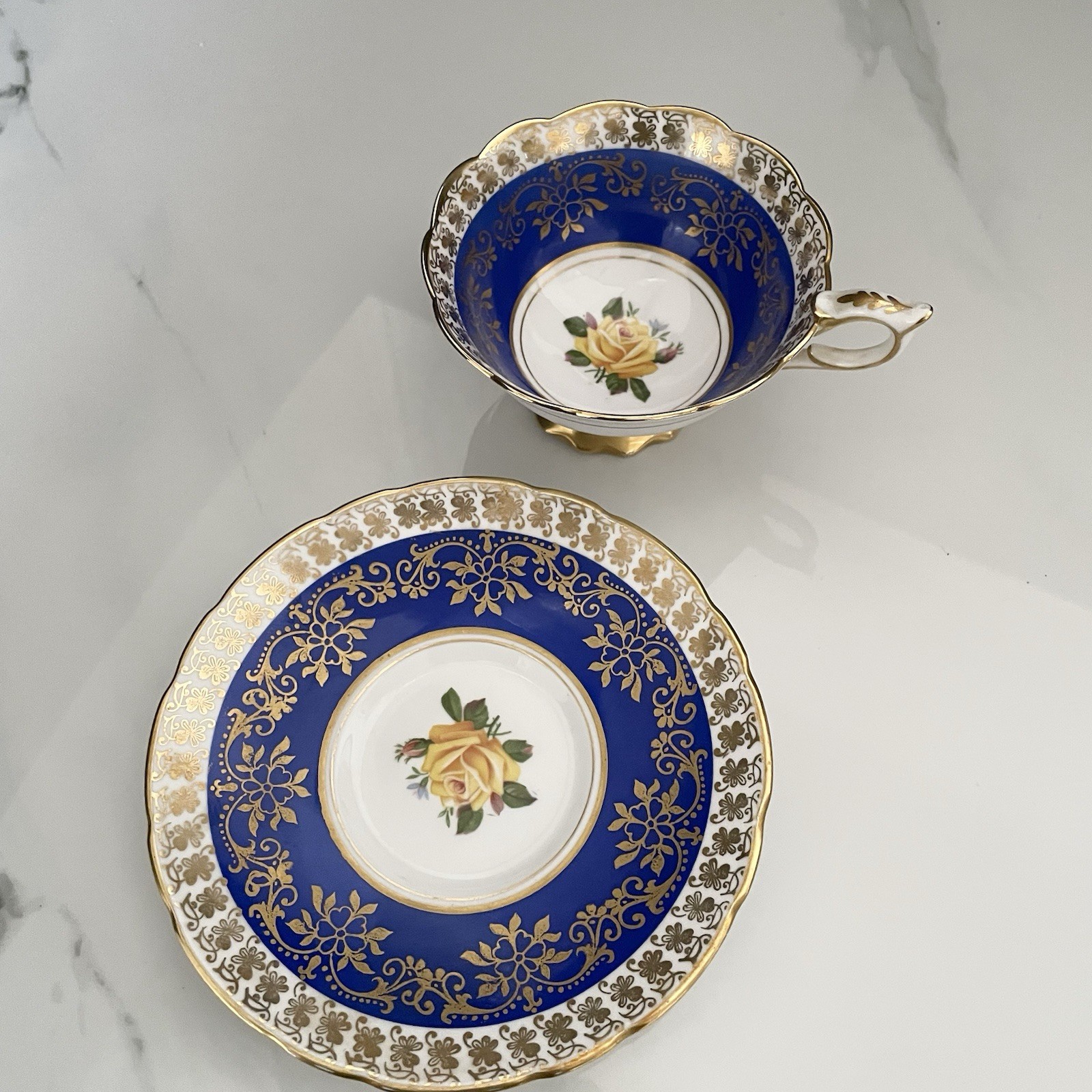 Cobalt Blue Gold & Yellow Rose Cup & Saucer By Royal Staffordshire