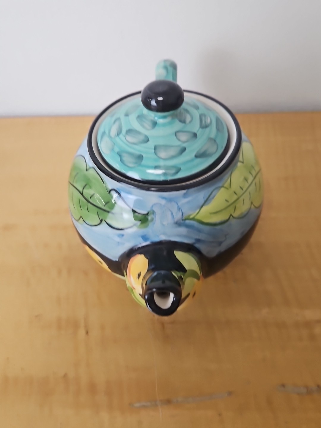 Favanol Teapot Fruit and Leaves Hand Painted Portugal blue, black, teal