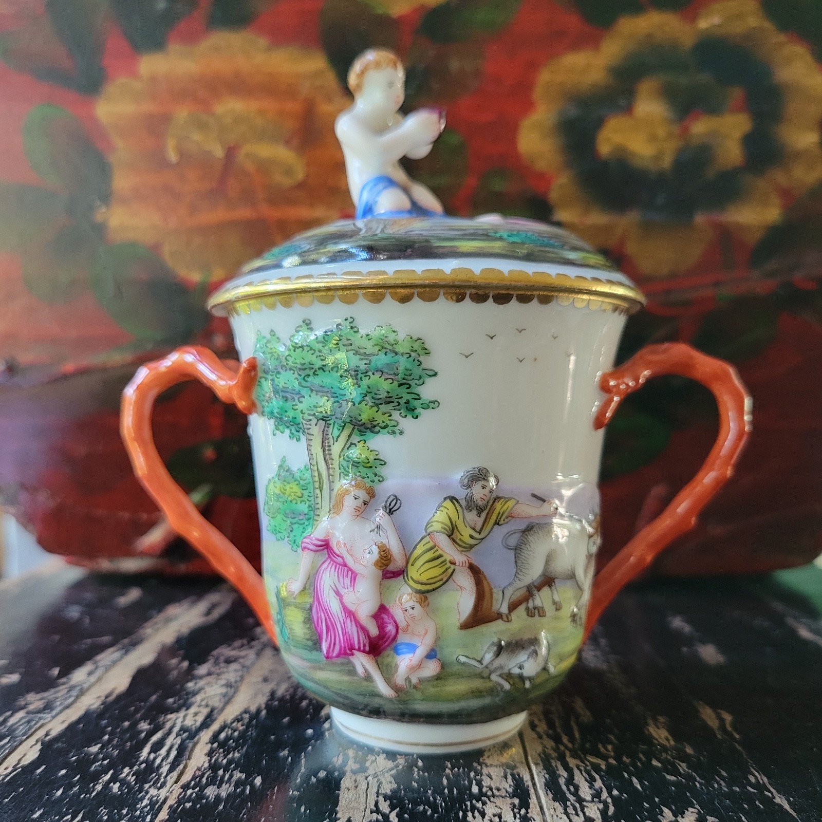 Antique 1800s Ginori Doccia Capodimonte Lidded Porcelain Chocolate Cup Italian