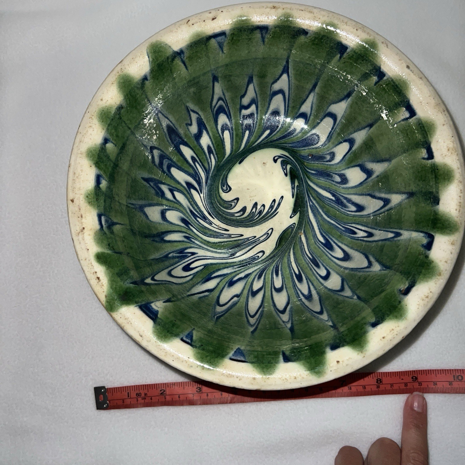 MCM Folk Art Serving Bowl peacock slip trail glaze green and blue swirl mofit