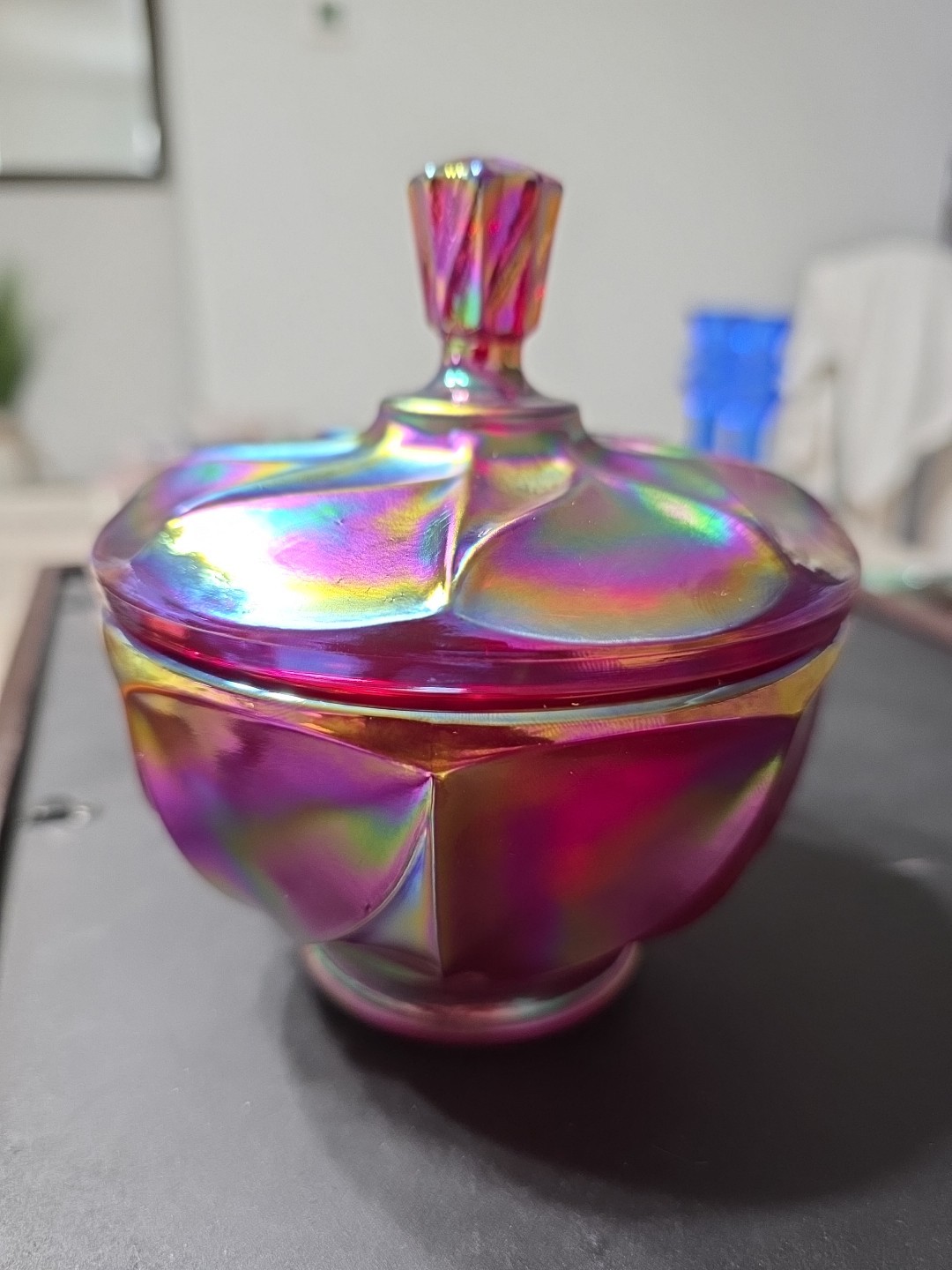 FENTON LIDDED FOOTED CANDY DISH COMPOTE Red/Carnival Glass5-1/4″ Tall