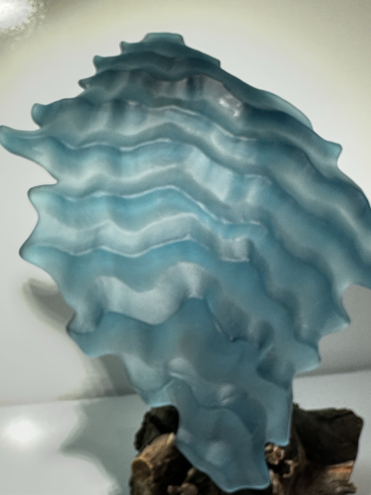 Postmodern Carved + Shaped Aqua Art Glass Asymmetrical Shallow Bowl