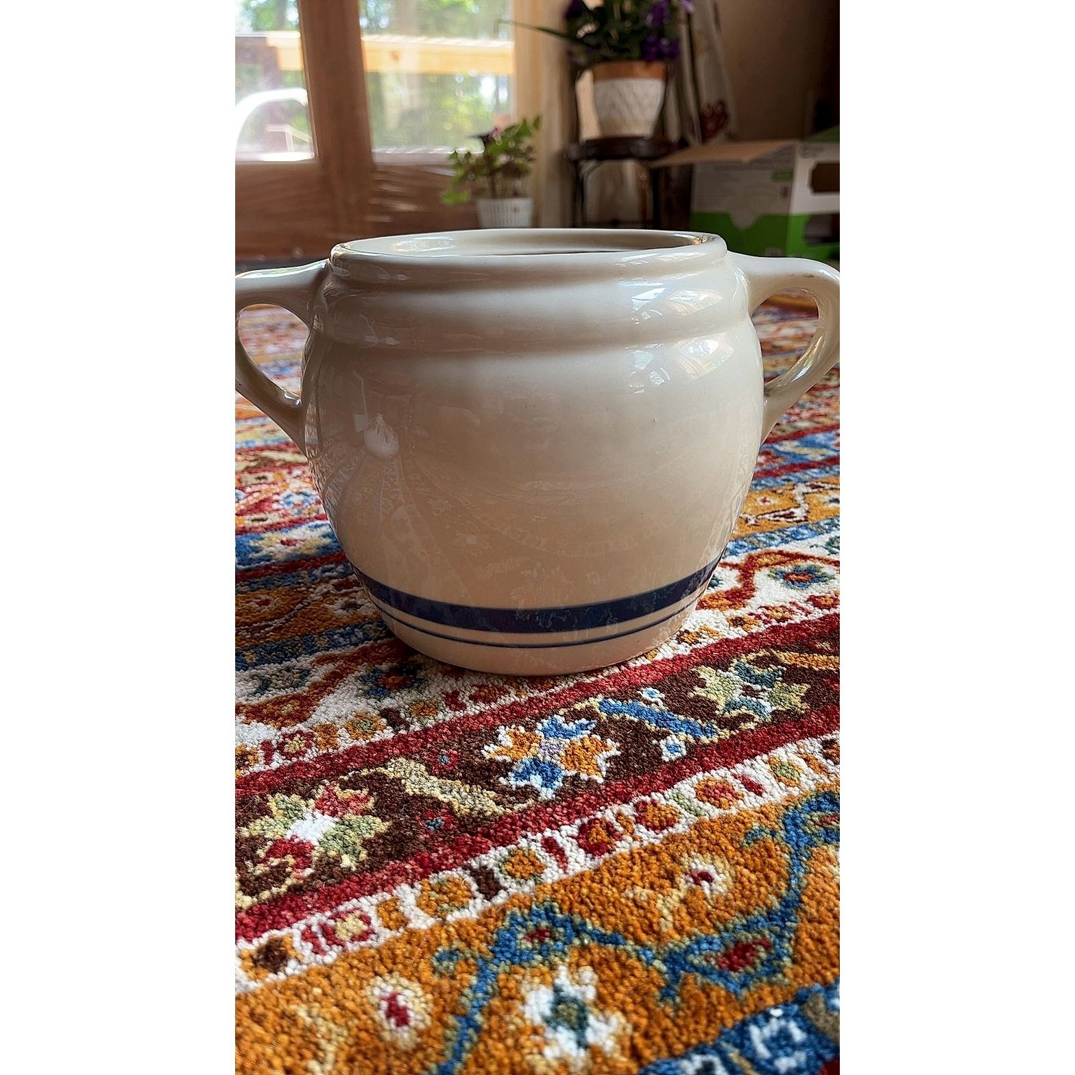 Robinson Ransbottom Roseville Ohio Stoneware Bean Pot (No Lid), Blue Stripe Crea