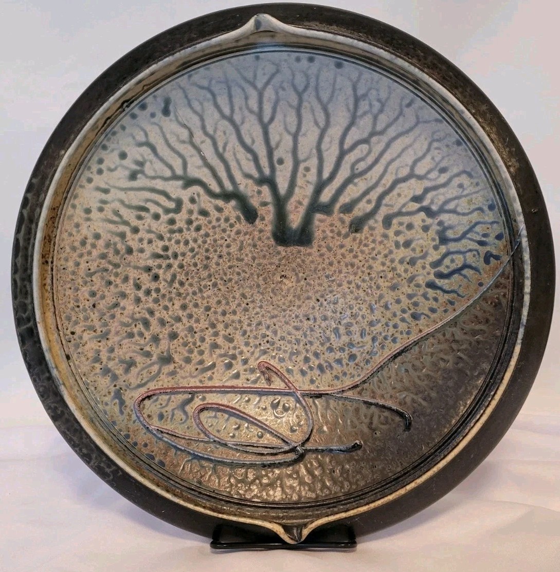 Signed Richard Aerni 1992 Glazed Stoneware Pottery Bowl 13.5″ Diameter, Crack