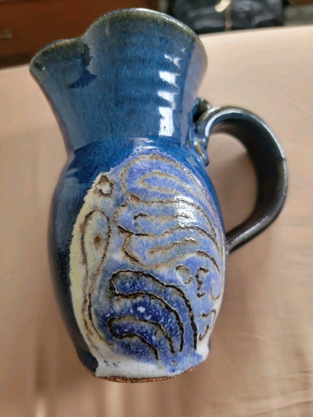 Studio Art Pottery Signed Foster Hand Thrown Jug Blue Purple Sgraffito Glazed