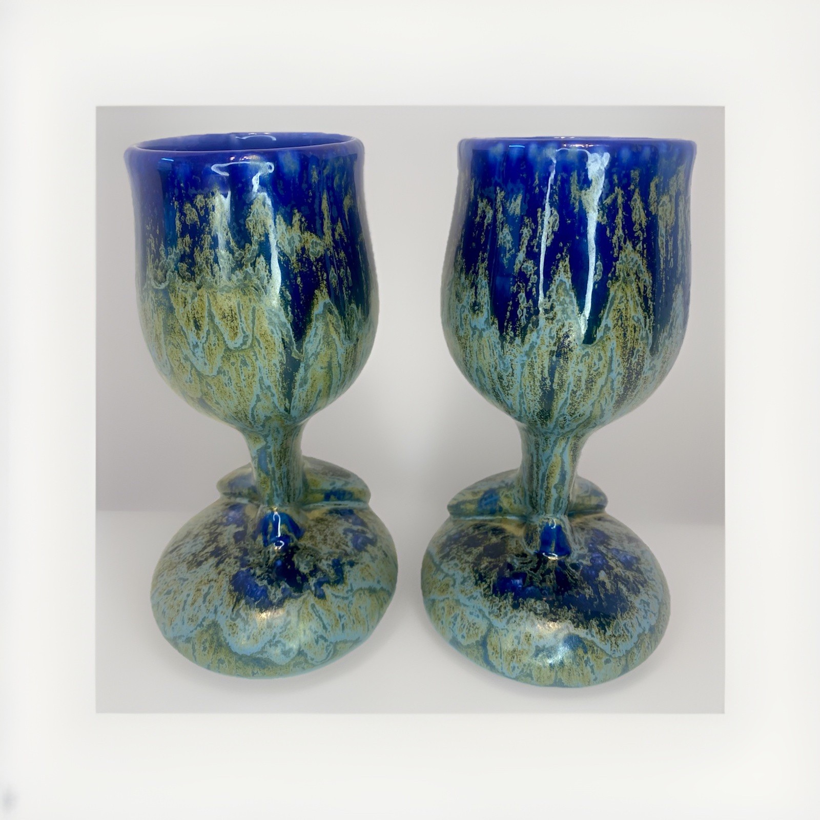 2- New Doug Wylie Studio Pottery Goblets Footed Whale Tail Mugs Blue Drip Glaze