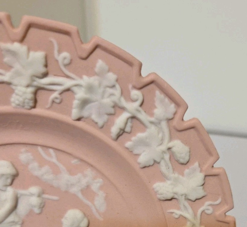7″ Jasperware Pink & White Plate Ivory Neo~Classical Relief Notched Rim Vintage