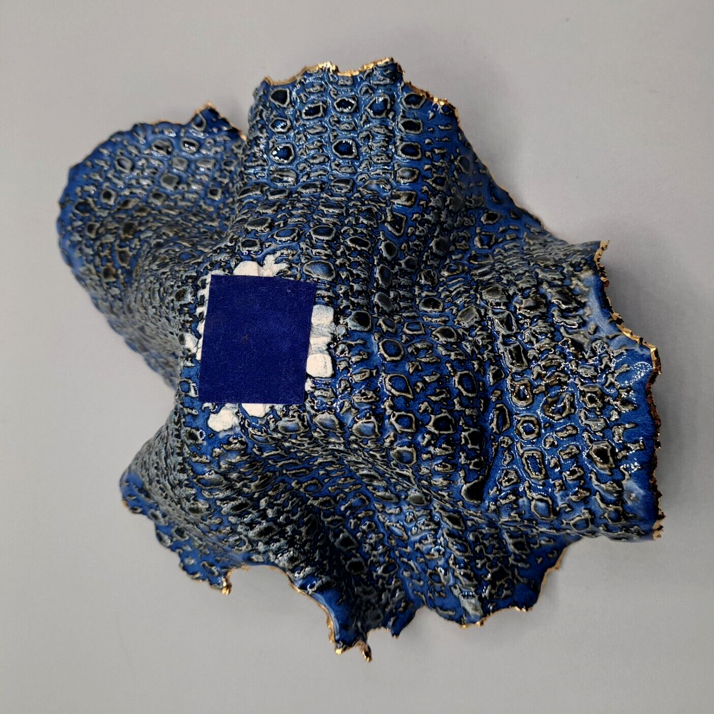 Freeform handkerchief Pottery Bowl Blue Unsigned Cobalt/Gold Trim OrganicTexture