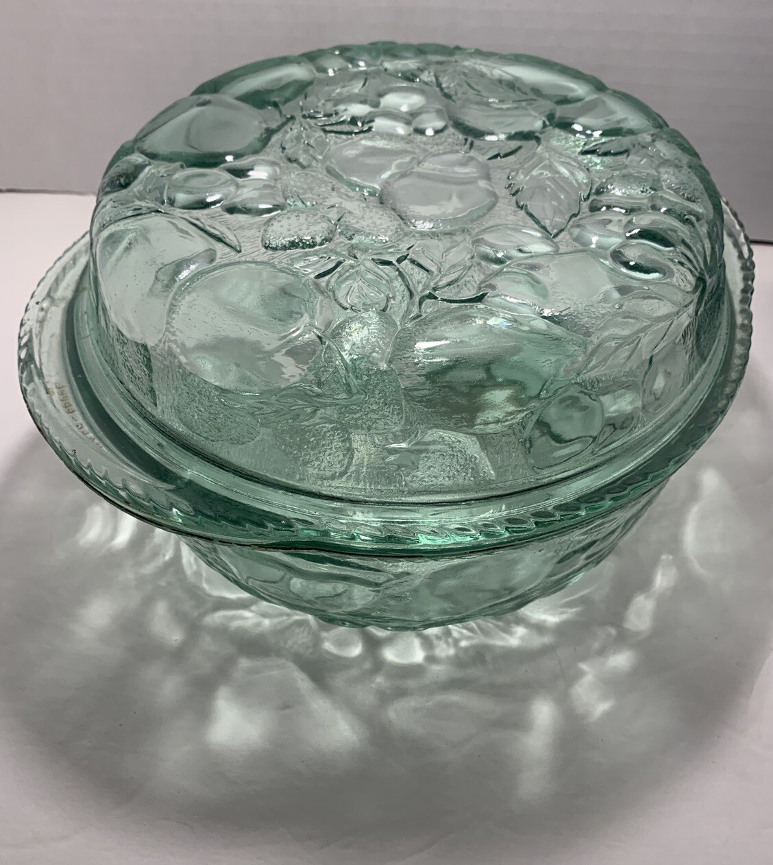 Sale Vintage Libbey Orchard Fruit Green Glass 3 QT Casserole Baking Dish Pie Lid
