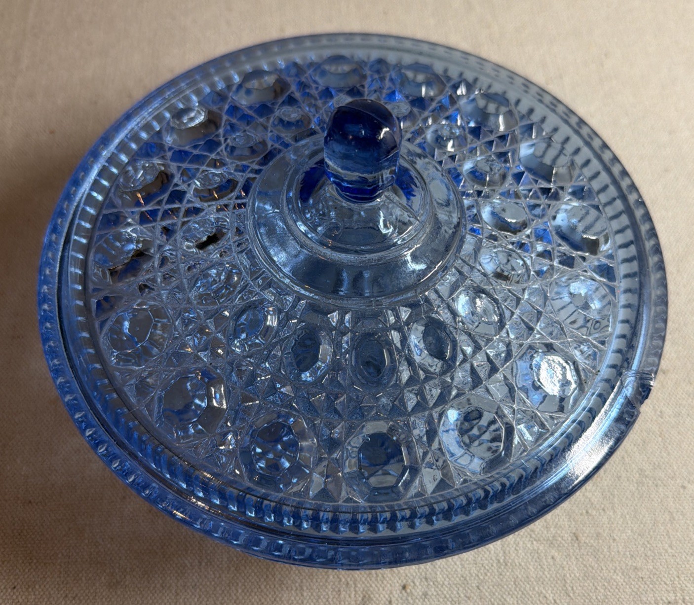 Vintage Indiana Glass Windsor Blue Button 7.5” Candy Dish With Lid
