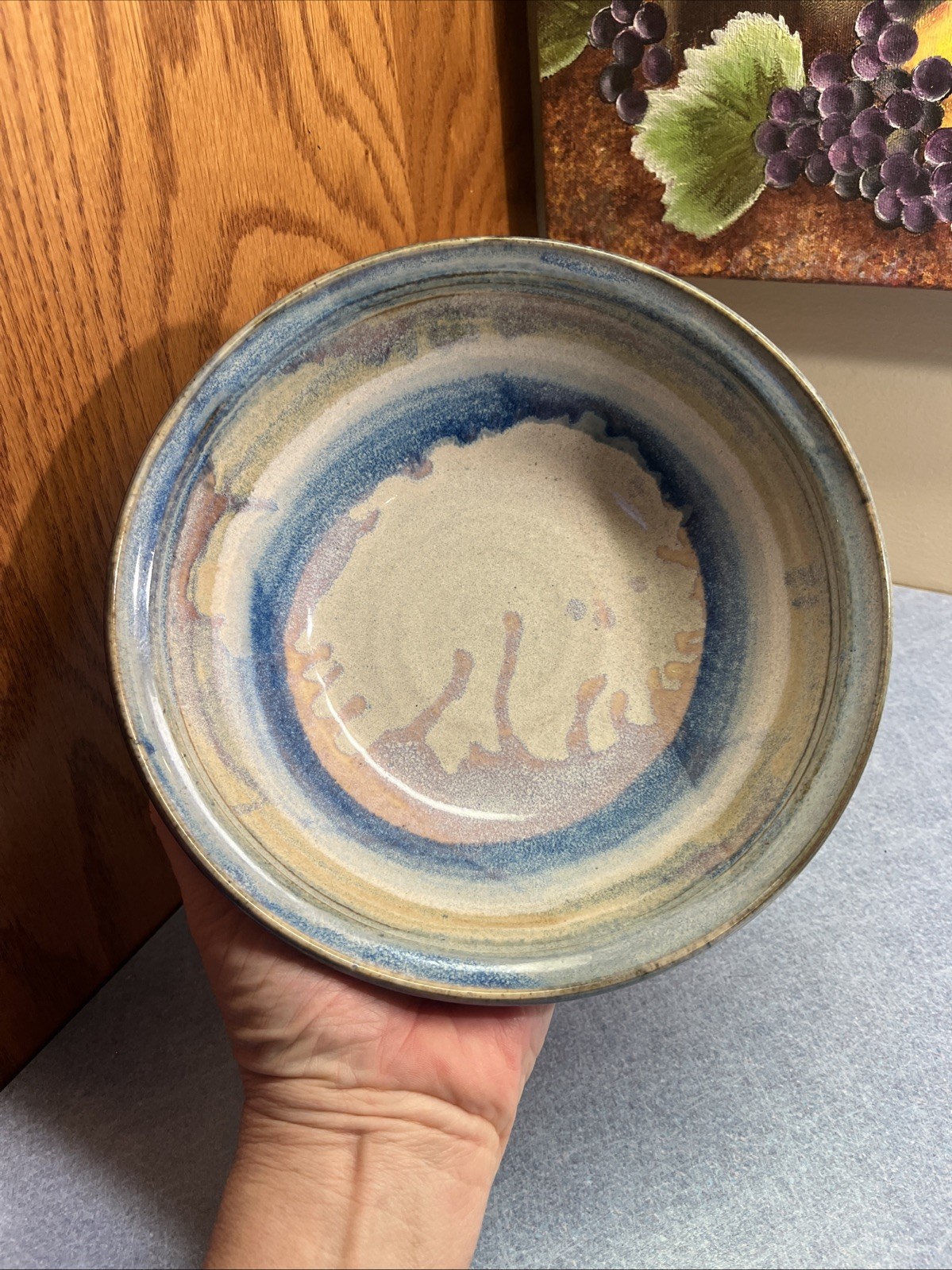 Studio Art Pottery Rimmed Bowl Blue Tan, Gray Drip Glaze Signed C(?) Lopez 8″D