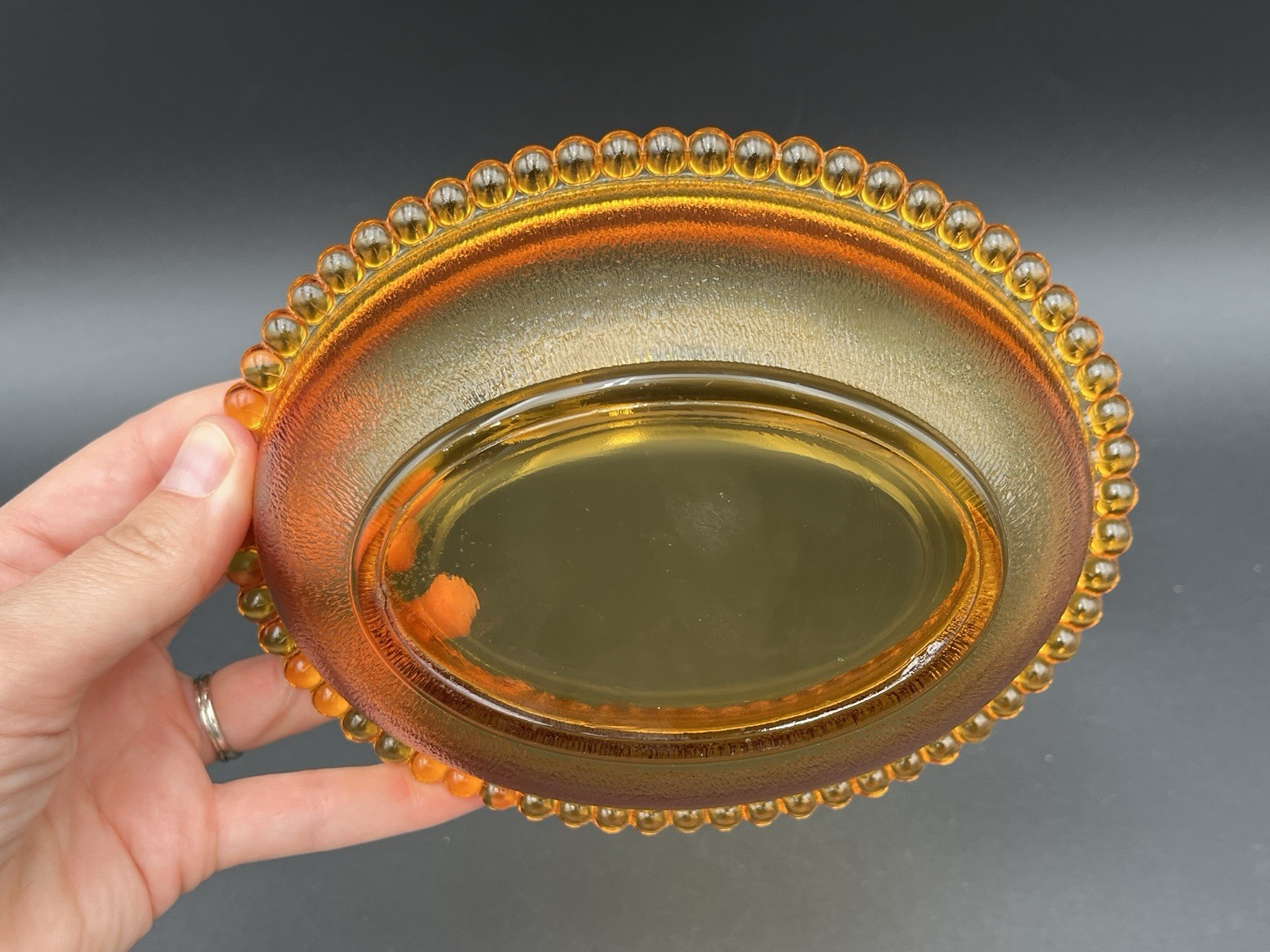 Vintage Indiana Glass Amber Hen on Nest Beaded Edge Stippled Base 7″
