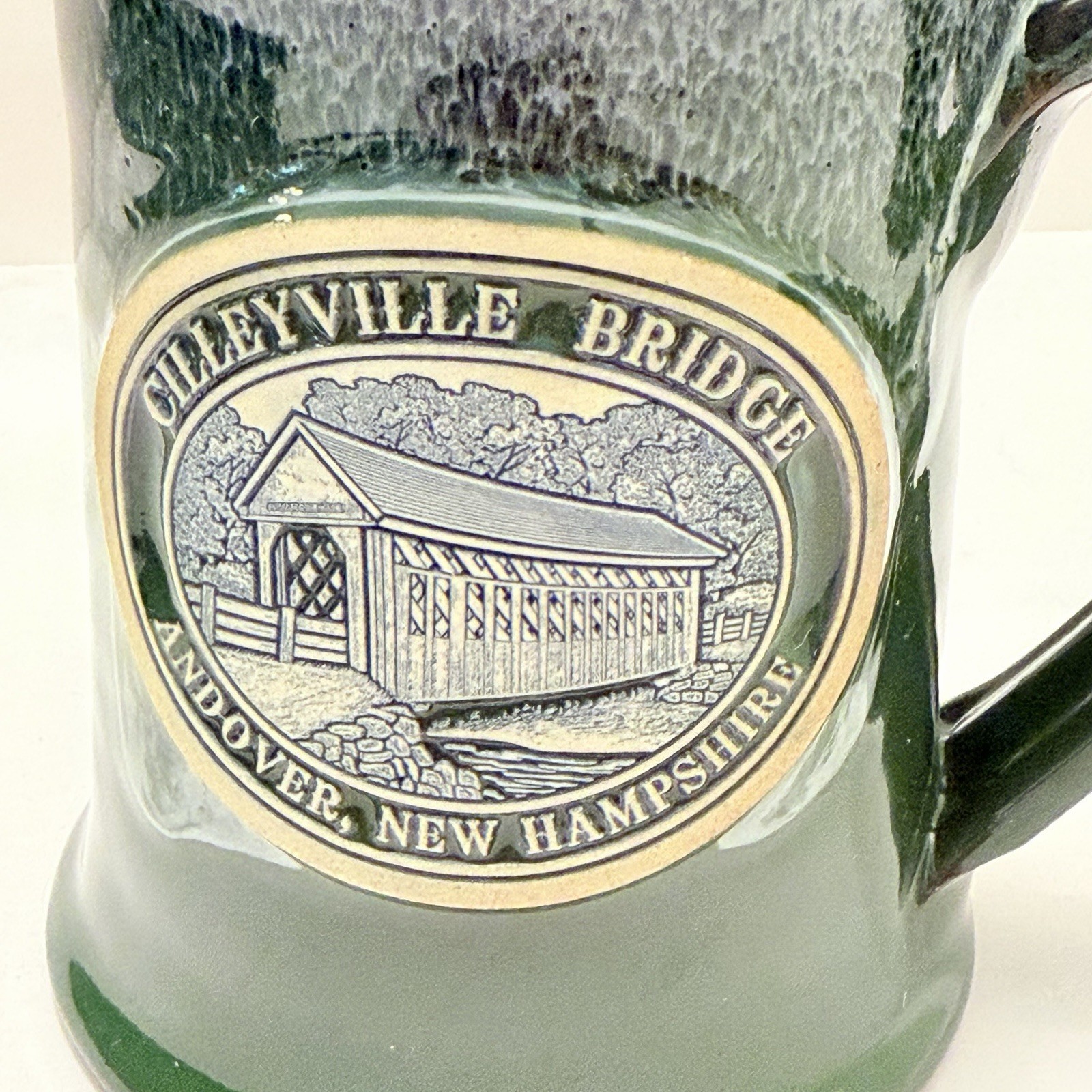 Deneen Pottery USA 2012 Andover NH Cilleyville Covered Bridge Green Glaze Rare