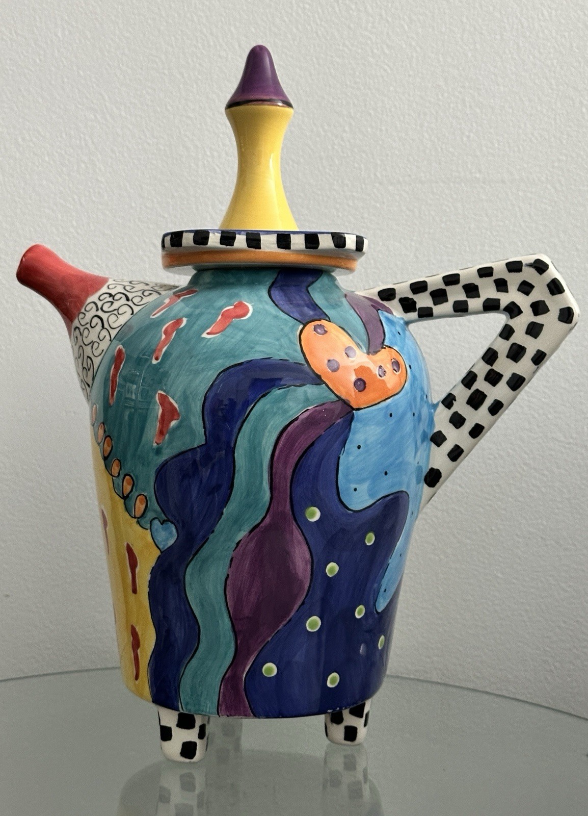 Kat Taylor Designs 11” Ceramic Teapot Hand Painted Art Pottery Whimsical Alice