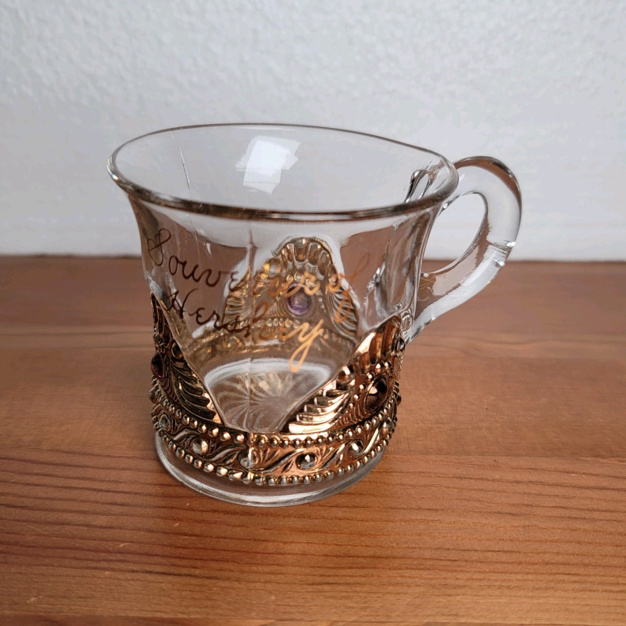 US Glass Jewel Lacy Medallion Souvenir Hershey PA Cup Mug Gold Trim c1899 EAPG