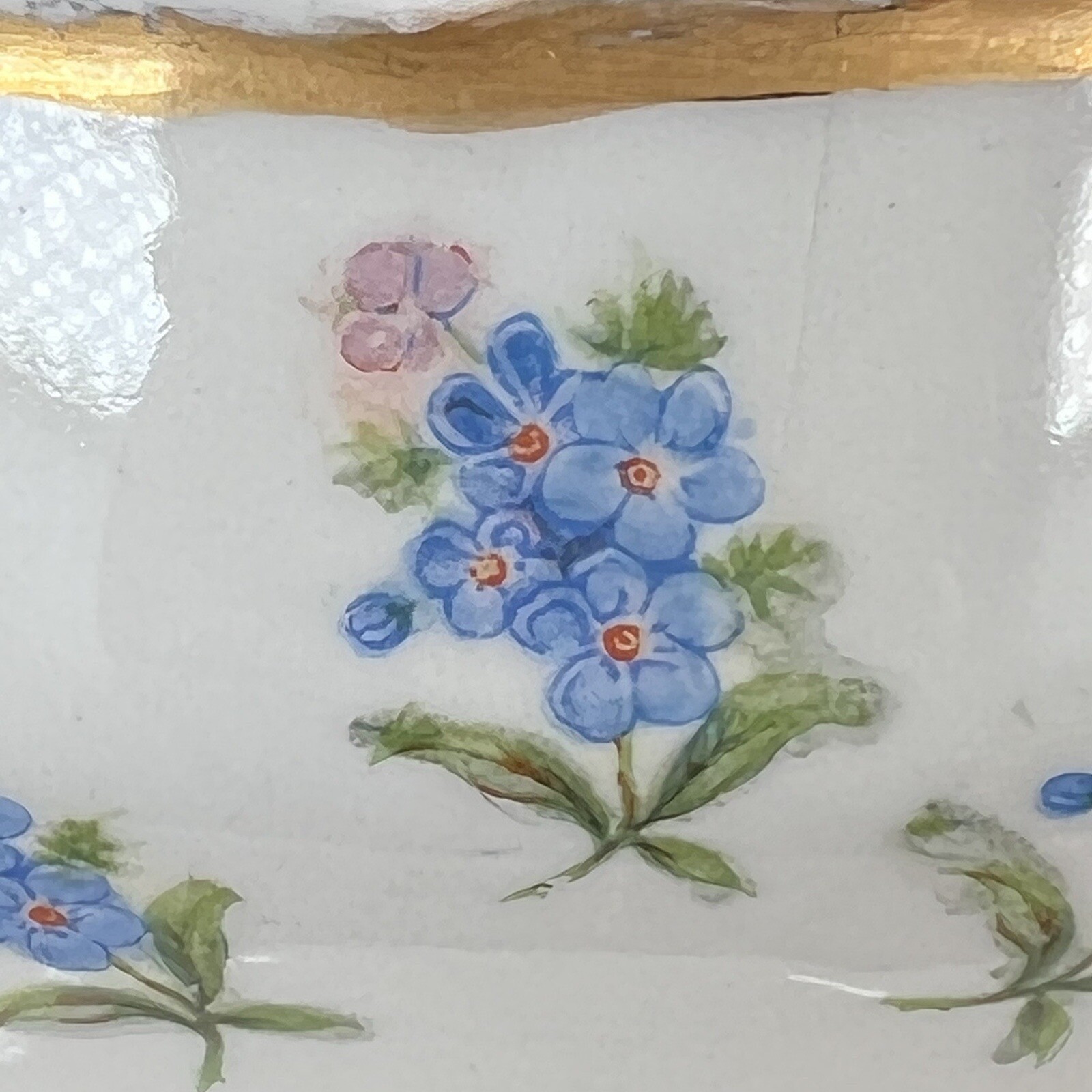 Gravy Boat Gold Trim & Handle Forget Me Nots Floral Vtg Gold Trim Signed F.W.