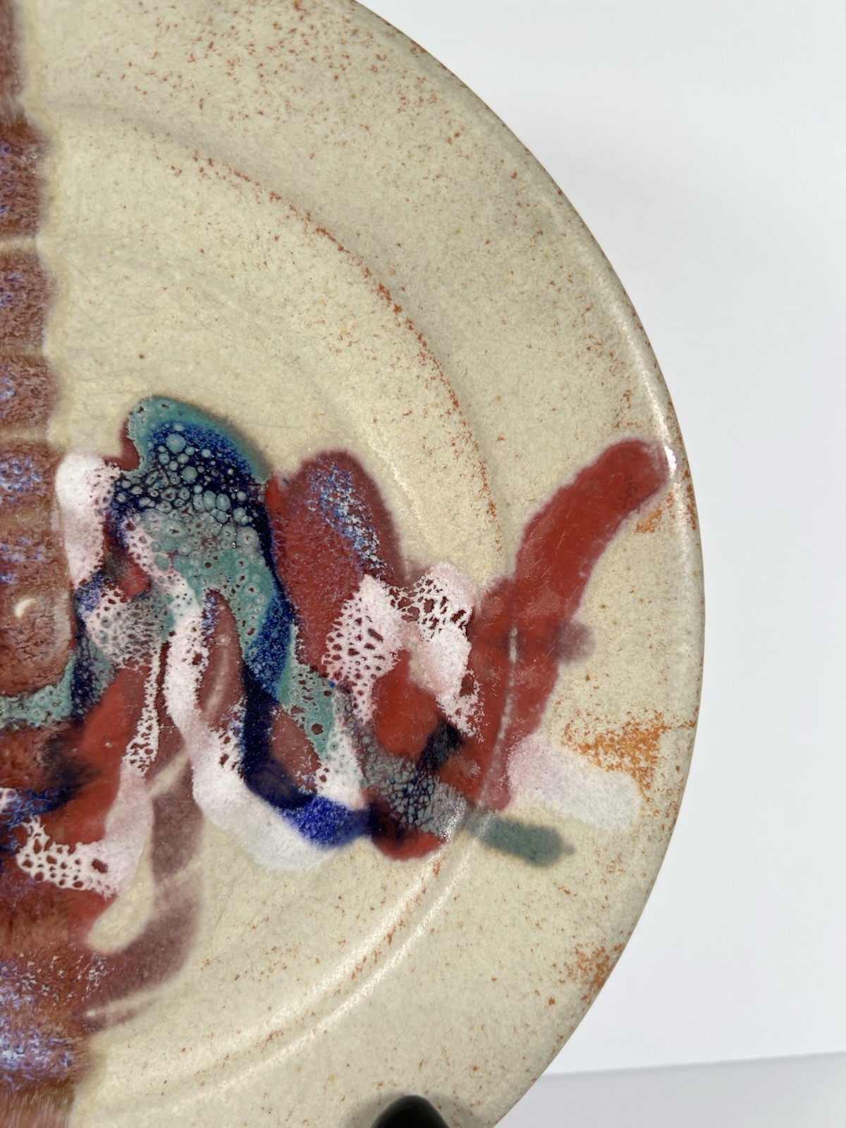 Bruce Larrabee Studio Pottery 9” Abstract Drip Glaze Signed UT Art Signed Plate