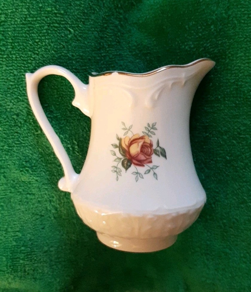 WTOCTAWEK CHINA Made In POLAND FLORAL ROSE 3½” Tall CREAMER AND SAUCER Vintage